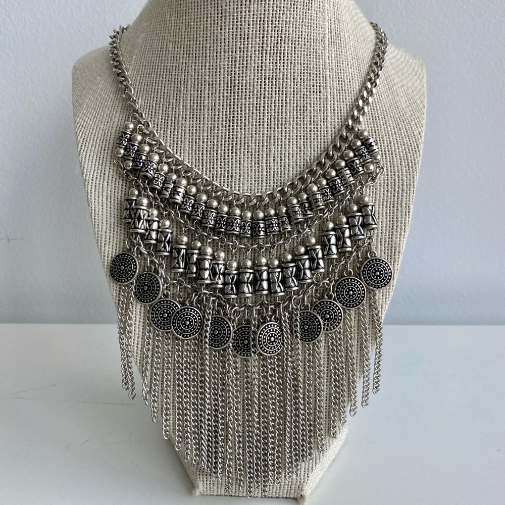 Statement Necklace - Silver Fringe